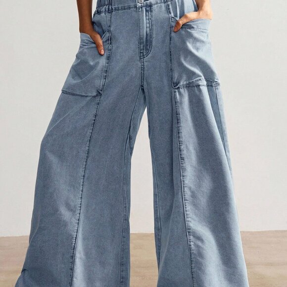 Blue Casual Women's Woven Loose Wide Leg Pants Wide Leg Oversized Baggy Jeans - Picture 4 of 7